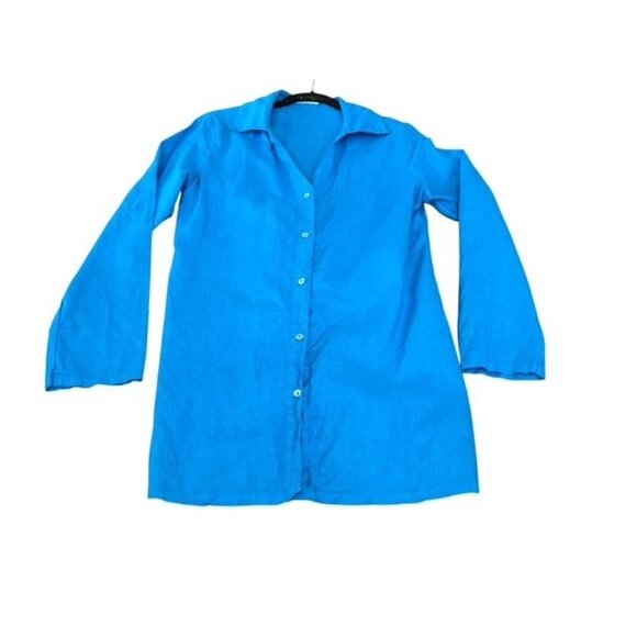 ICANTOO Bright Blue Linen Button Tunic Casual Career Resort Long Sleeve Small - Picture 3 of 14